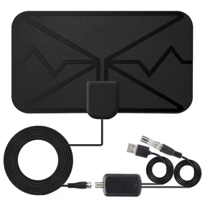 A black digital TV antenna with its cables and amplifier.