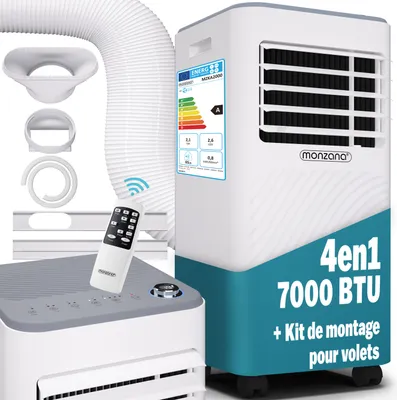 Image de MONZANA® Climatiseur Mobile 7000 BTU (25 m²) - Clim Portable 4-en-1 : Refroidissement, Déshumidificateur, Ventilateur - WiFi & Appli, Silencieux, Minuterie 24h, Télécommande, Kit Fenêtre / Volets