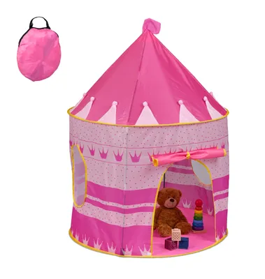 Obrázek produktu pro Relaxdays Dětský hrací stan Princezna, pro děti, dětský zámek do interiéru, HD 135 x 100 cm, dětský stan s látkovými dveřmi, růžový