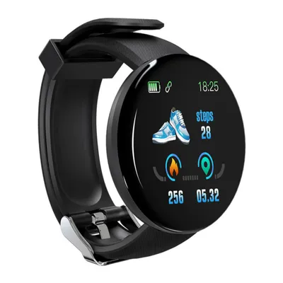 A black smartwatch with a round face displaying various fitness metrics and the time.