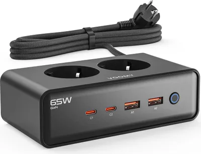Produktbild von VOOMY 6-in-1 Steckdosenleiste 65W USB-C – 2x USB-C & 2x USB-A – Mehrfachsteckdose mit 2 Steckplätzen – 4000W – 2M Kabel – Schwarz