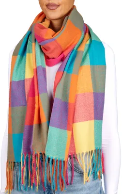Produktbild von BRUBAKER Cashmirillo Damen Schal mit Quadratischem Muster - 70 x 200 cm - Warm & Kuschelig - Bunter Damenschal, Blau, Orange, Rot & Lila