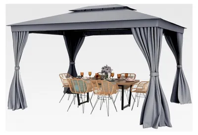 Produktbild von Pavillon 3 x 4 m, Gartenpavillon mit Moskitonetz, Vorhang und Doppeldach, wasserdichtes Pavillonzelt, winterfest, Sonnenschutz für Terrasse, Garten und Rasen