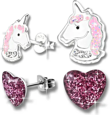 Produktbild von 2x Kinder Ohrringe  Echt 925 Silber Pferde Einhorn Mädchen Ohrstecker Herz Edelstahl K207+K160