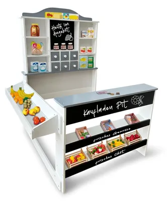 Produktbild von Kaufladen Pit Kinder Kaufmannsladen aus Holz, Verkaufsstand, Theke, Tafel, Seitentheke, Schublade Marktstand als tolles Geschenk LxTxH: ca. 96 x 93 x 120 cm Farbe: Grau