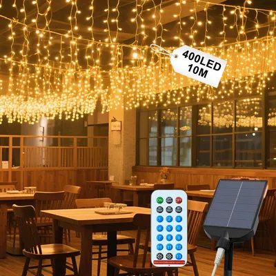 Obrázok produktu pre Solárna svetelná reťať LARS360, vianočné osvetlenie, 15 metrov, 600 LED, teplá biela farba, 8 režimov osvetlenia, diaľkové ovládanie, funkcia pamäte, časovač a funkcia nabíjania cez USB-C