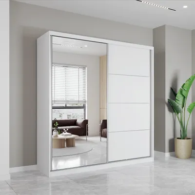 Produktbild von Schwebetürenschrank Kleiderschrank Schrank 203cm Weiß/Weiß matt mit Spiegel und Zierleisten Pola 42 B