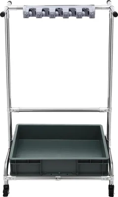 Produktbild von Mopp- und Besenhalter - Bodenstehender Ständer - 12 Haken - 10 Schlitze - 4 Rollen - Edelstahl & Kunststoff - Hellgrau