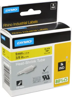 Produktbild von DYMO Rhino Industrie Schrumpfschlauch-Kabeletiketten | 9 mm1,5 m | Schwarz auf gelb | für Rhino Beschriftungsgerät, Schwarz auf gelb, Mehrfarbig, -55 - 135 °C, UL 224, MIL-STD-202G, MIL-81531, SAE-DTL 23053/5 (1, 3), DYMO, Rhino