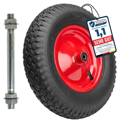 Produktbild von GARRONDA Ersatzrad Schubkarre 4.80/4.00-8 Schubkarrenrad Ø 390 mm Luftreifen 2PR Reifen bis 100 kg mit Achse Stahlfelge Kugellager für Gartenwagen Hof Baustelle GD-0163, Schwarz-Rot