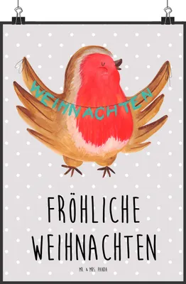 Produktbild von Mr. & Mrs. Panda Bild Rotkehlchen Weihnachten DIN A2 - Grau Pastell - Geschenk, Frohe, Design Poster, Weihnachtsgruß, Deko, Winter, Vogel, drucke, Plakat, wanddeko