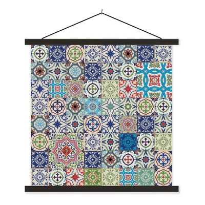 Produktbild von MuchoWow® Textilposter Blumen - Muster - Grün - Blau 60x60 cm mit schwarzem Rahmen - Posteraufhänger
