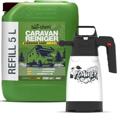 Produktbild von bio-chem Caravan- und Wohnmobil-Reiniger - Extra Starkes Konzentrat - 5000 ml + Schaumsprüher - Reiniger für Wohnmobile, Wohnwagen, Vorzelte, Regenstreifenentferner -  DE