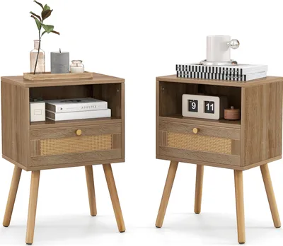 Two identical wooden nightstands with rattan drawer fronts are displayed against a white background.