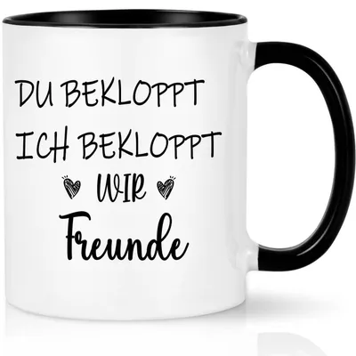 Produktbild von Kaffeetasse mit Spruch "Du Bekloppt Ich Bekloppt Wir Freunde" 320ml Schwarz Keramik
