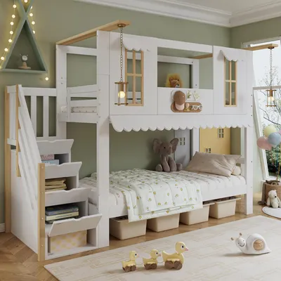 A children's bunk bed with a house-like design, featuring storage stairs and decorative elements, set in a bedroom.