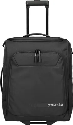 A black Travelite rolling suitcase is shown against a white background.