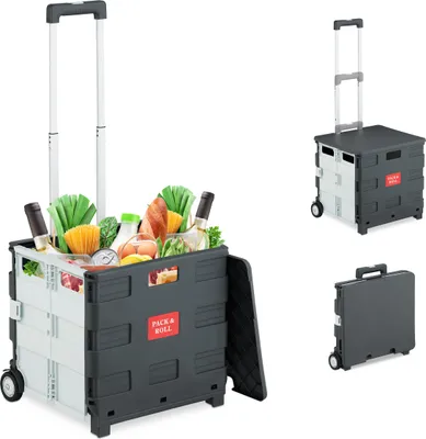 Produktbild von Relaxdays Einkaufstrolley, klappbar, Einkaufskorb mit Rollen, Deckel & Teleskopgriff, bis 35 kg, Rollkiste, weiß/grau