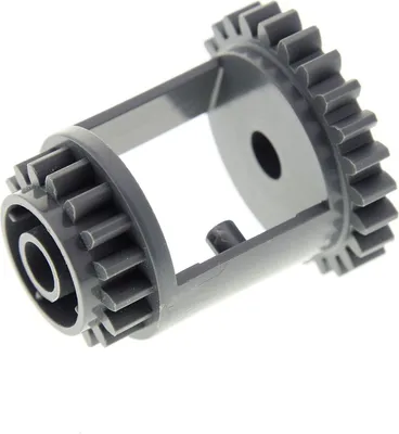 A close-up, studio shot of a gray LEGO Technic differential gear.