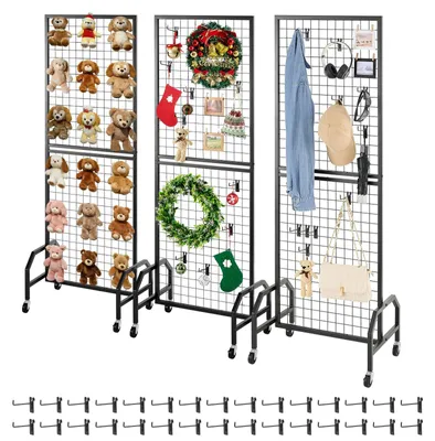Obrázek produktu pro VEVOR, 3 kusy panelů s mřížkou, rozměry 600 x 1640 mm, regál s mřížkou pro vystavení, mobilní stojan na vystavení umění s kolečky a 30 háčky, černý ocelový panel pro vystavení, dekorace, úložný prostor a nástěnku