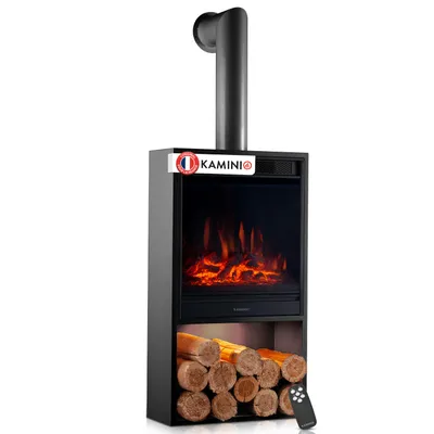 Image de Cheminée électrique KAMINIO HUGO avec tuyau de poêle - Poêle électrique avec chauffage, effet flammes 3D, éclairage d'ambiance LED, compartiment à bois, télécommande - Noir, Image générée par une IA