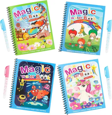 Zdjęcie produktu dla Magiczne książeczki do kolorowania, zestaw 4 sztuki, wielokrotnego użytku, książeczki do malowania wodą dla dzieci, Magic Water Book, książeczka dla dzieci z 4 magicznymi pisakami