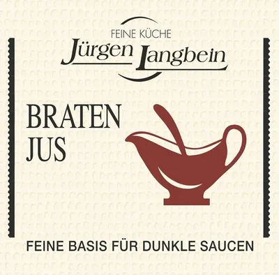 A product label for 'Jürgen Langbein Braten Jus' with a graphic of a gravy boat and spoon.