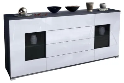 Produktbild von Sideboard Grömitz V2, Kommode mit 2 großen Türen und 4 Schubladen, Anthrazit matt/Weiß Hochglanz (166,5 x 75,5 x 35)