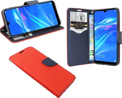 Produktbild von cofi1453® Buch Tasche "Fancy" kompatibel mit HUAWEI Y6 2019 Handy Hülle Etui Brieftasche Schutzhülle mit Standfunktion, Kartenfach Rot-Blau