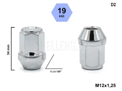 Obrázek produktu pro Kolová matice M12x1,25 kužel zavřená, klíč 19, D2, výška 34 mm