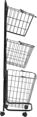 Zdjęcie produktu dla Koszyk na pranie – 3-poziomowy kosz do przechowywania na kółkach – metal – 26x32x123 cm – wszechstronny – czarny