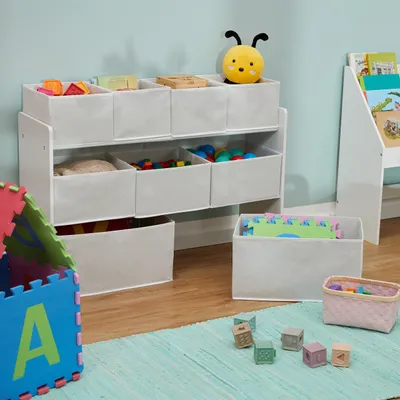 Produktbild von Relaxdays Kinderregal mit 9 Stoffboxen, HxBxT: 60 x 92 x 30 cm, Spielzeugschrank Kinderzimmer, Kinderkommode, weiß