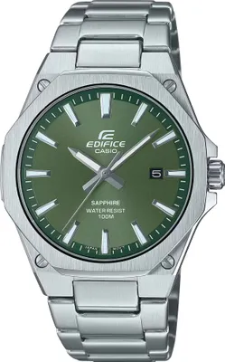 Produktbild von Casio Armbanduhr Herren Edifice EFR-S108D-3AVUEF aus Edelstahl mit Saphirglas, Silber-Grün, 40 mm Durchmesser, 8 mm Höhe, 7,8 mm Tiefe, 10 Bar (100m) wasserdicht, Quarzwerk, Datum, Leuchtindexe und Leuchtzeiger (Neobrite), Faltschließe, klassisch, 3 Jahre Batterielaufzeit, Japan