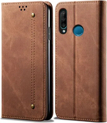 Produktbild von Huawei P30 Lite Hülle, LaimTop Denim Leder Brieftasche Magnetverschluss Flip Bookstyle Schutzhülle mit Standfunktion für Huawei P30 Lite Braun