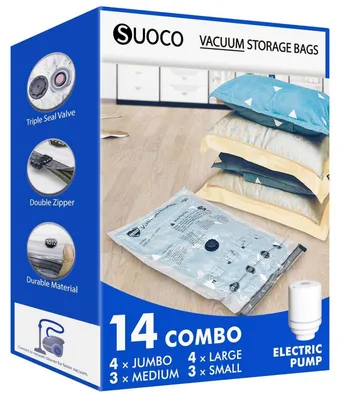 Produktbild von Vakuumbeutel für Kleidung 14er Set mit Elektropumpe, 4x Jumbo, 4x Large, 3x Medium, 3x Small, platzsparend, luftdicht