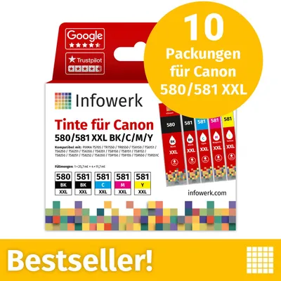 Image de NOUVEAU : Infowerk Cartouches d'encre pour Canon 580/581 XXL, multipack (BK/BK/C/M/Y), 10 pièces