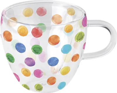 Produktbild von Tasse 10cm Glas doppelwandig 0,2L mit bunten Punkten