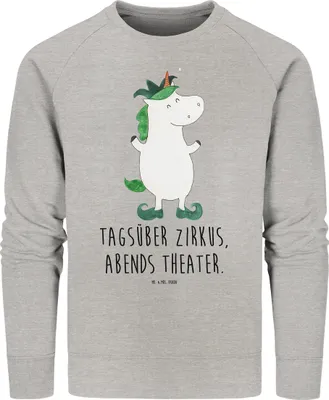 Produktbild von Mr. & Mrs. Panda Baumwoll Pullover Einhorn Joker Größe M - Heather Grey - Geschenk, Einhörner, Sweater, Pulli, Mittelalter, Unicorn, Sweatshirt, Kasper, Hofnarr