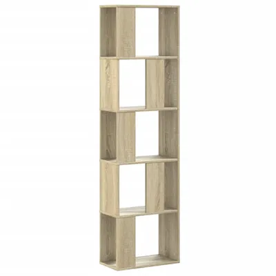 A tall, narrow, five-shelf bookcase with an open, staggered design.