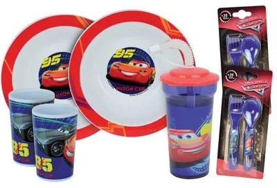 Immagine prodotto di Set di stoviglie per bambini a tema Disney Cars: piatti, bicchieri, posate e bicchiere con cannuccia