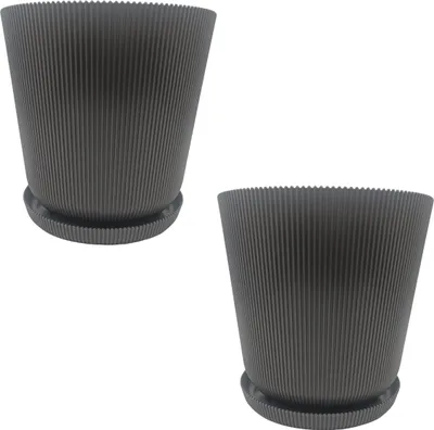 Obrázok produktu pre Relaxdays Kvetináč, sada 2 ks, kvetináč s podšálkou, drážkovaný, V x H: 20 x 20 cm, kvetináč na bylinky, plast, tmavošedý