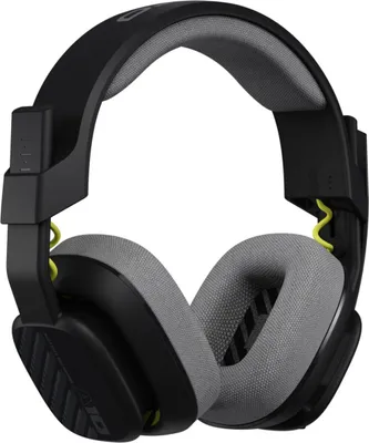 A black and gray gaming headset with yellow accents is shown against a white background.