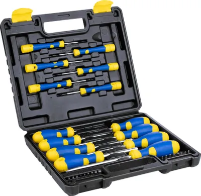 Produktbild von Kinzo Schraubendreher Set 32teilig - inkl. Werkzeugkoffer - Schraubendreher mit magnetischer Spitze - Schwarz, Gelb, Blau