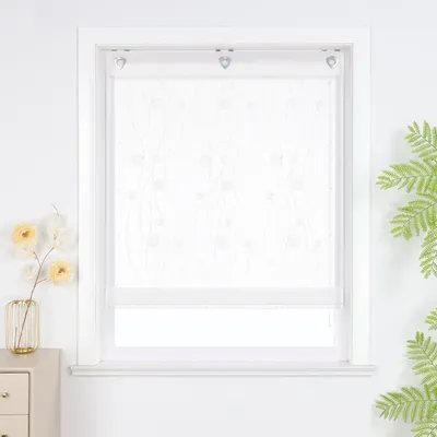 Produktbild von Joyswahl Raffrollo ohne Bohren Küche Gardine mit Hakenaufhängung Modern Ösenrollo Raffgardine mit Stickerei Halbtransparent Vorhang Weiß BxH 80x140 cm