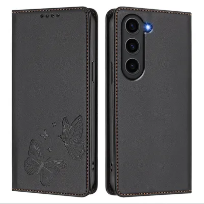 Image de Étui en cuir pour Samsung Galaxy S23 FE, motif papillon, étui portefeuille à rabat avec support, noir