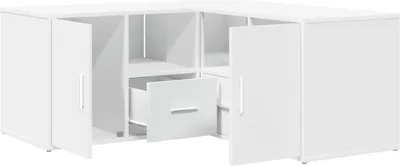 A white corner cabinet with doors and a drawer is shown from a slightly elevated, front-facing angle.