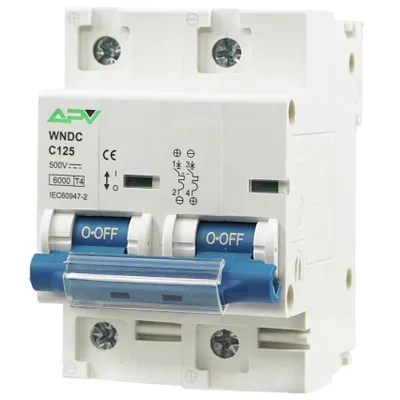 A white and blue two-pole circuit breaker with labels and symbols.