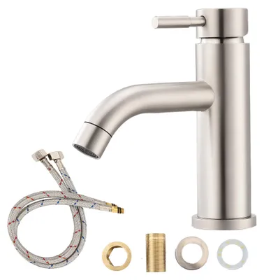 Zdjęcie produktu dla Bateria umywalkowa REMZETTA, wygląd stali nierdzewnej, jednouchwytowa, z ceramiczną głowicą i oszczędzającym wodę perlator, mieszacz do ciepłej i zimnej wody, kolor srebrny