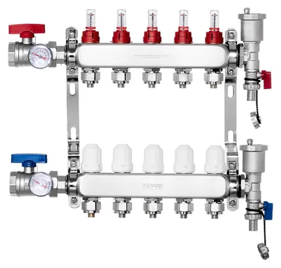 Produktbild von VEVOR 12-Ast Strahlungsheizungsverteiler, 1/2" PEX Rohrverteiler, Edelstahl PEX Verteiler für hydronische Fußbodenheizung, Strahlungsheizungs-PEX Verteiler-Kit mit 1/2" Adaptern enthalten, 5 Zweige