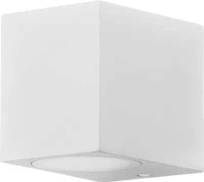 A white cube-shaped outdoor wall lamp is shown against a white background.